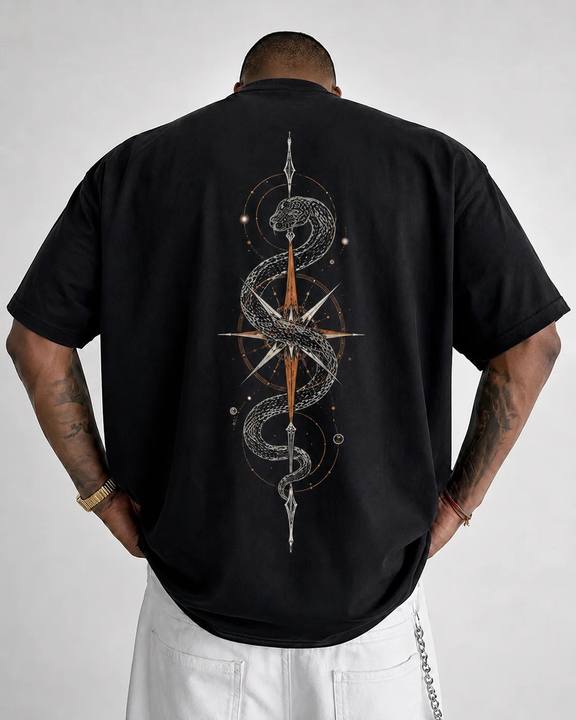 ILEERA® Premium Cotton Oversized Serpent Compass Front & Back Print T-Shirt
