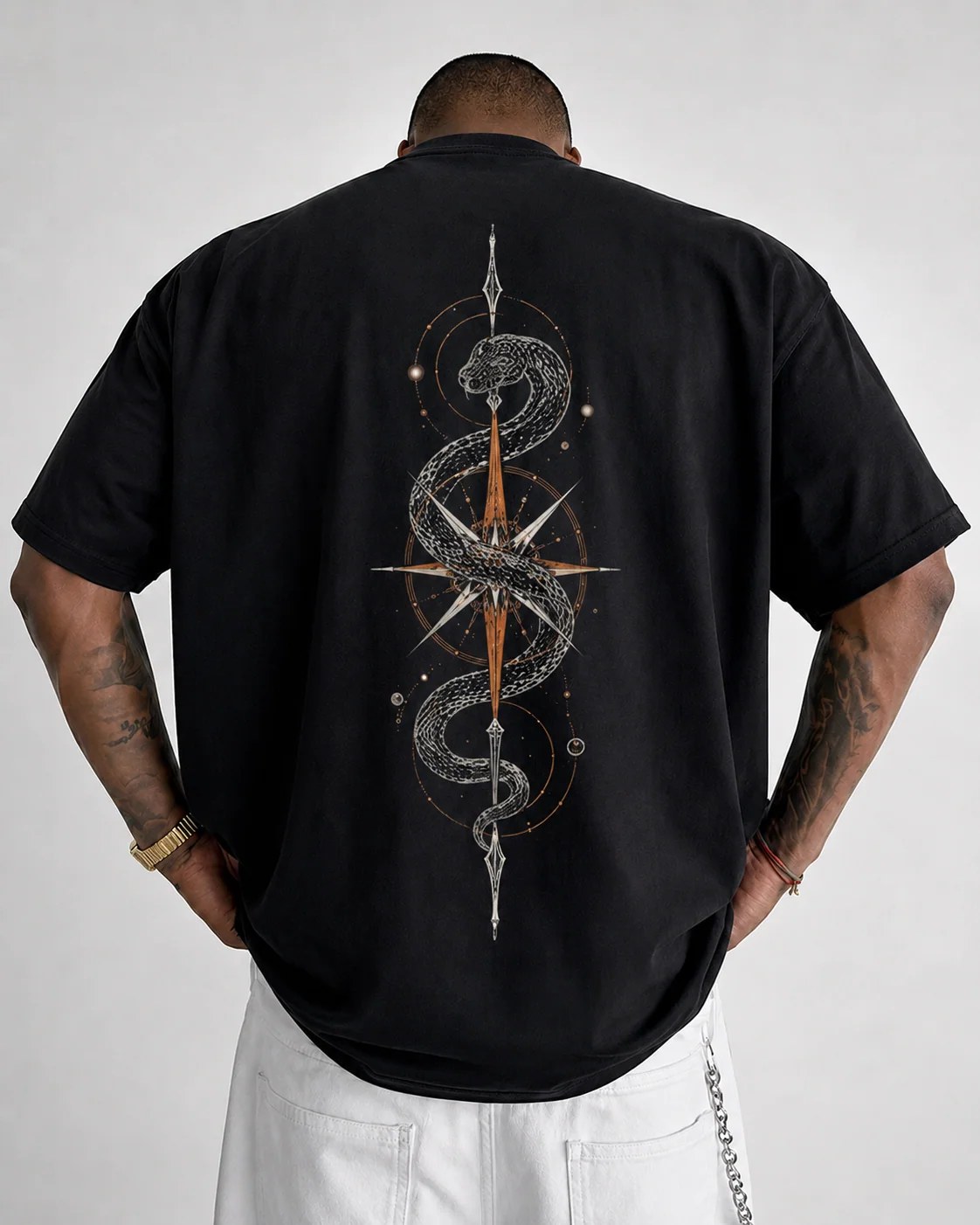 ILEERA® Premium Cotton Oversized Serpent Compass Front & Back Print T-Shirt