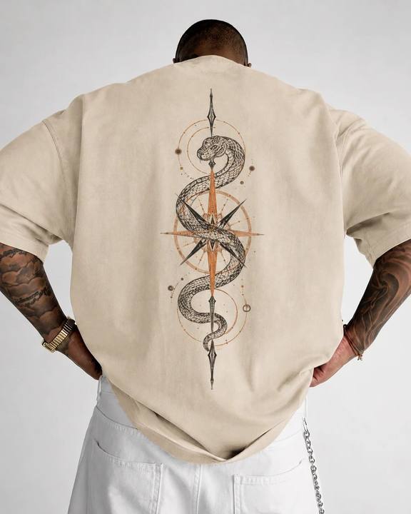 ILEERA® Premium Cotton Oversized Serpent Compass Front & Back Print T-Shirt