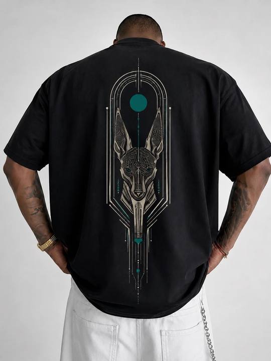 ILEERA® Premium Cotton Oversized Anubis Eclipse Front & Back Print T-Shirt