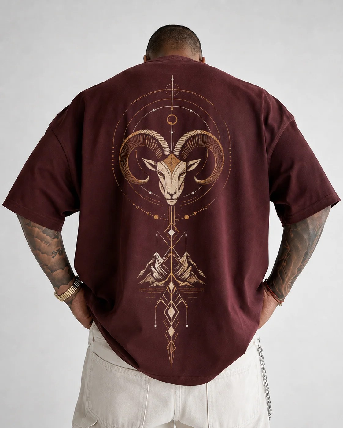 ILEERA® Premium Cotton Oversized Celestial Ram Front & Back Print T-Shirt