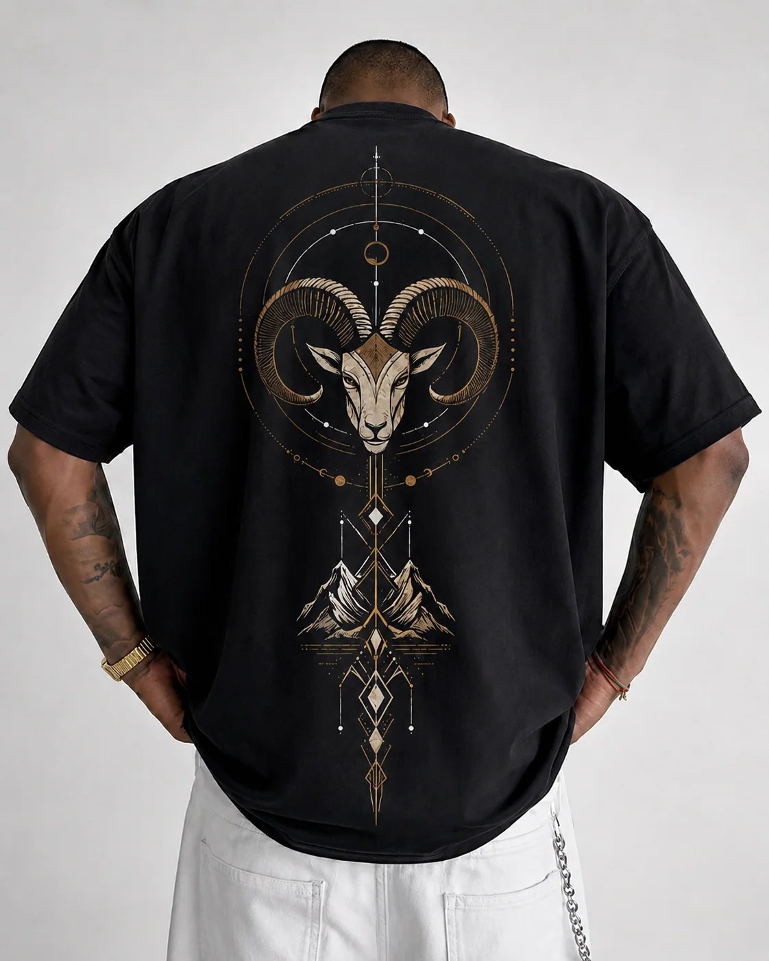 ILEERA® Premium Cotton Oversized Celestial Ram Front & Back Print T-Shirt