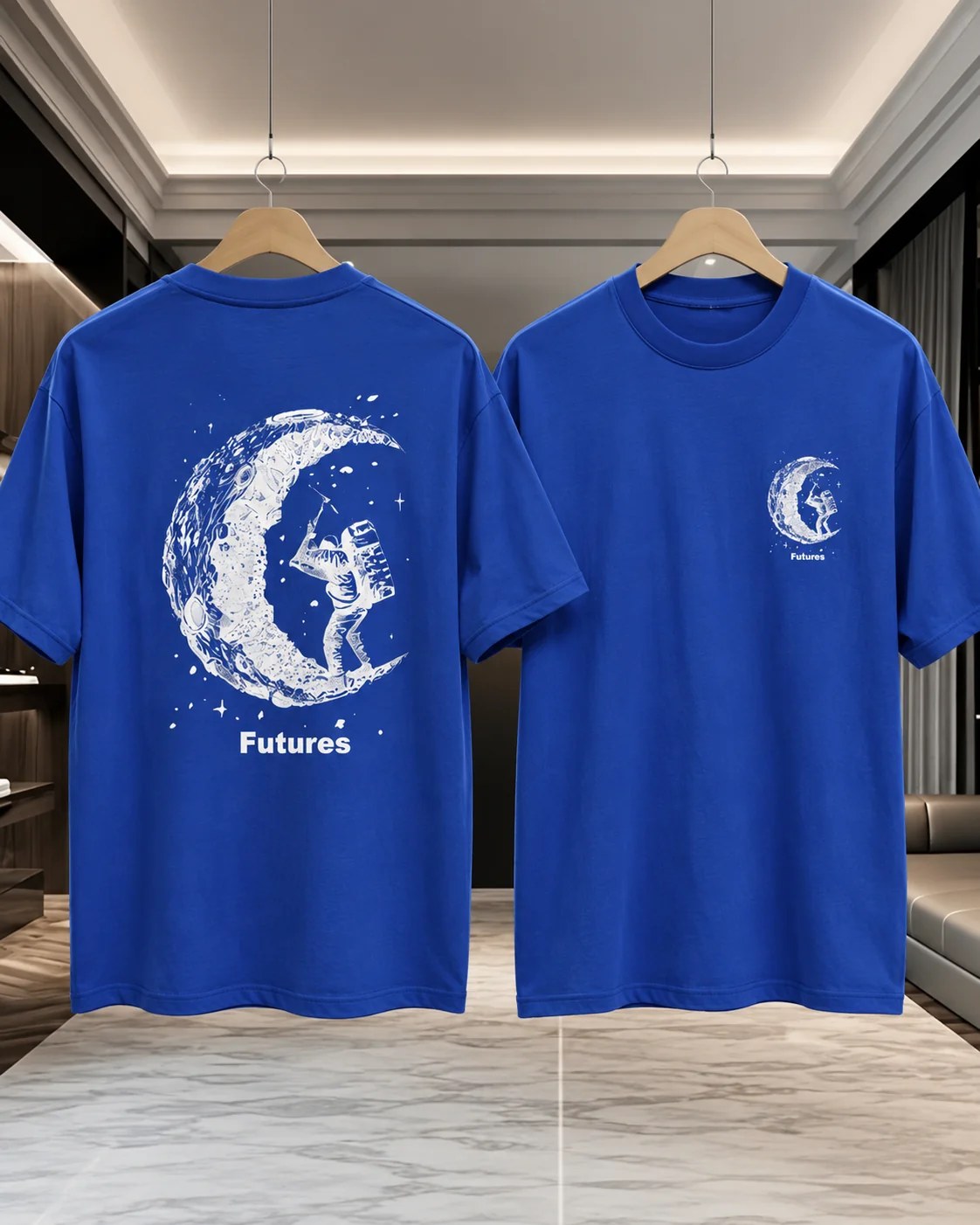تيشيرت أوفر سايز بطبعة Futures Moon Explorer أمامية وخلفية ستايل فضائي بإطلالة ستريت وير عصرية وملفتة