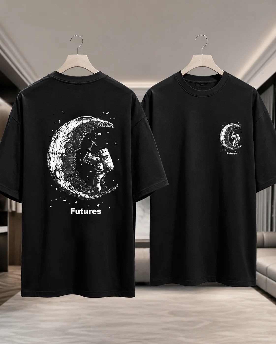 تيشيرت أوفر سايز بطبعة Futures Moon Explorer أمامية وخلفية ستايل فضائي بإطلالة ستريت وير عصرية وملفتة