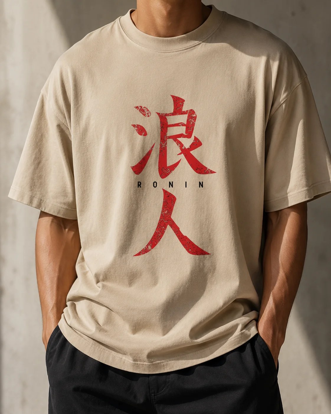 تيشيرت أوفر سايز بطبعة Ronin Kanji أمامية ستايل ياباني جريء بإطلالة ستريت وير عصرية