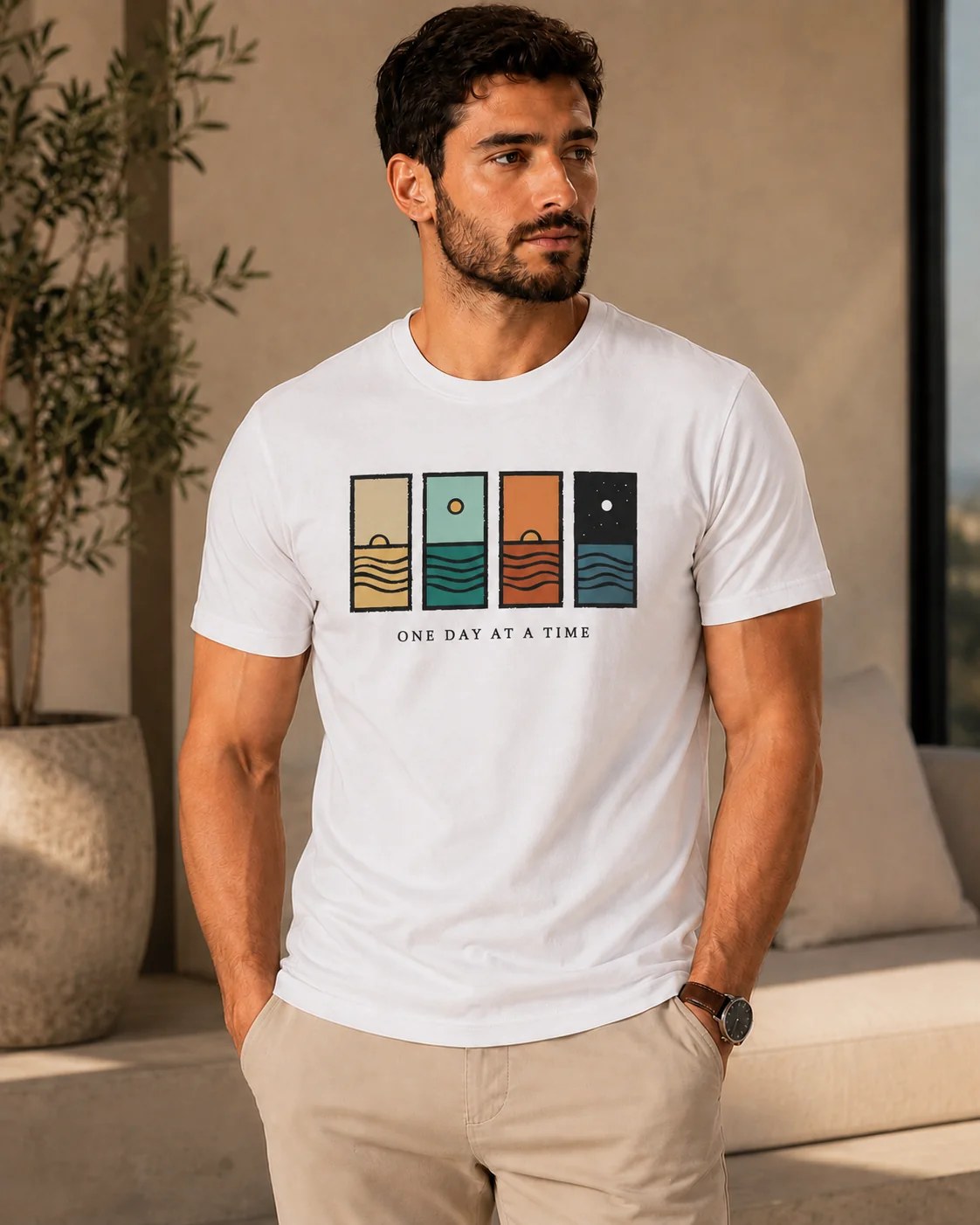 تيشيرت Regular Fit قطن 100% بطبعة One Day At A Time أمامية ستايل مينيمال بإطلالة هادئة وعصرية