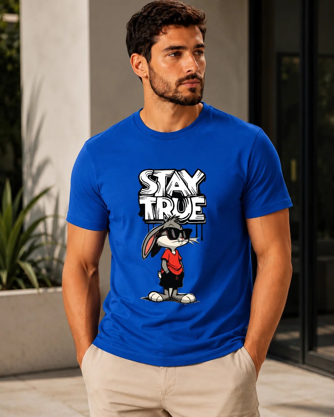 تيشيرت Regular Fit قطن 100% بطبعة Stay True كرتونية أمامية ستايل ستريت وير بإطلالة جريئة ومرحة