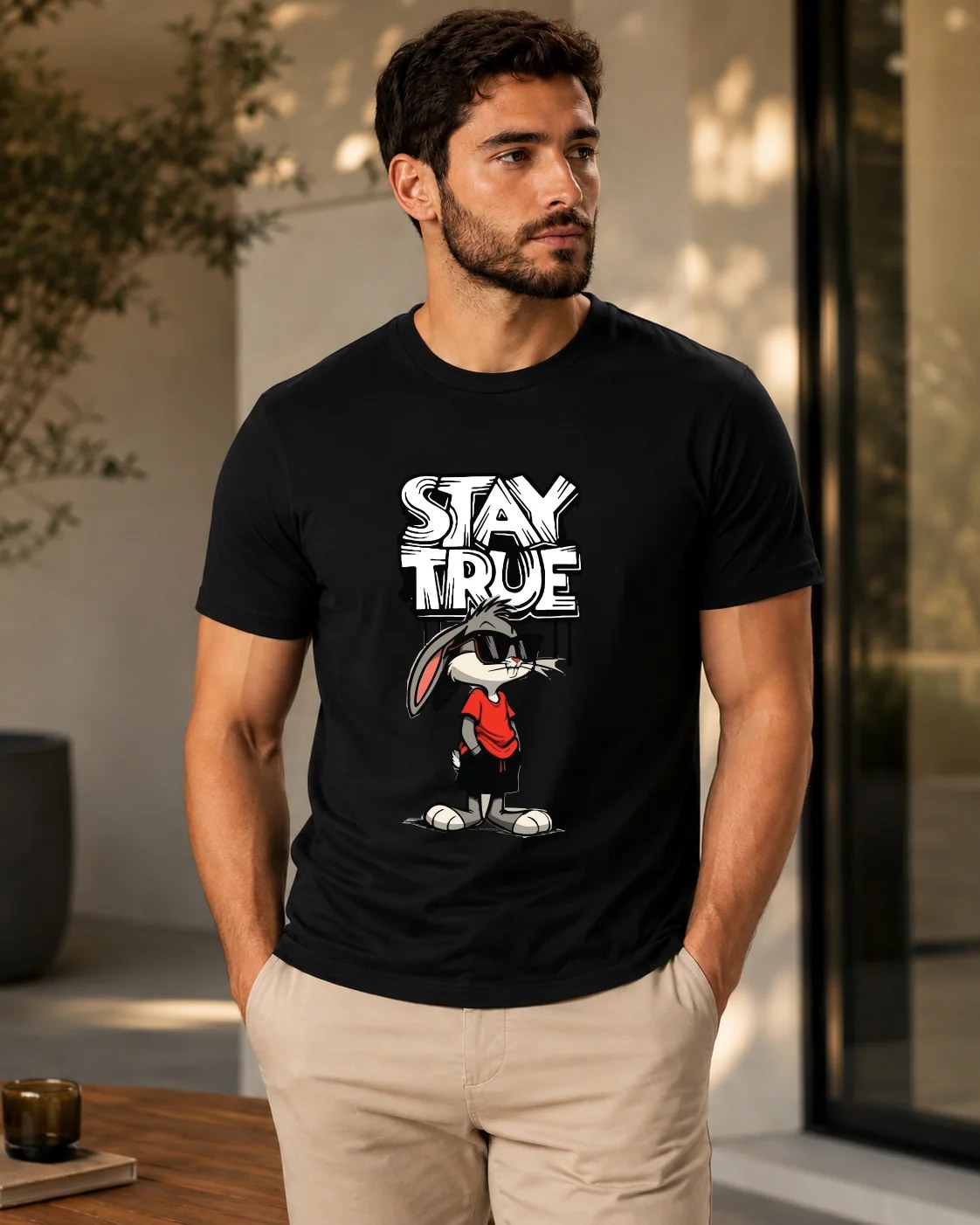 تيشيرت Regular Fit قطن 100% بطبعة Stay True كرتونية أمامية ستايل ستريت وير بإطلالة جريئة ومرحة
