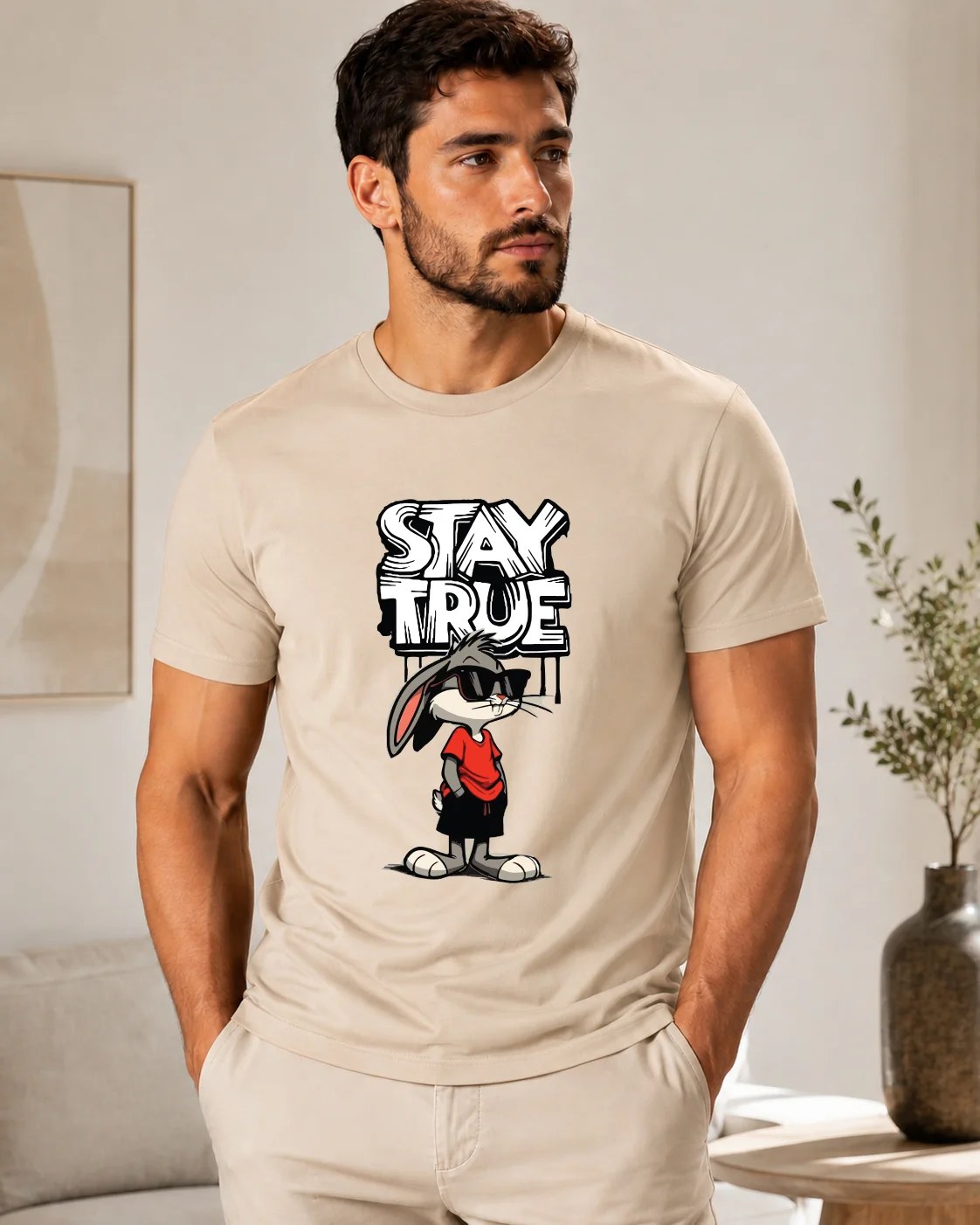 تيشيرت Regular Fit قطن 100% بطبعة Stay True كرتونية أمامية ستايل ستريت وير بإطلالة جريئة ومرحة