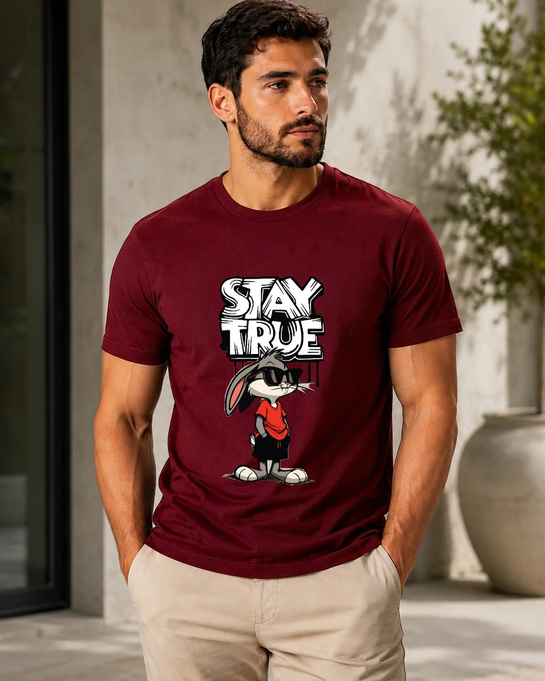 تيشيرت Regular Fit قطن 100% بطبعة Stay True كرتونية أمامية ستايل ستريت وير بإطلالة جريئة ومرحة