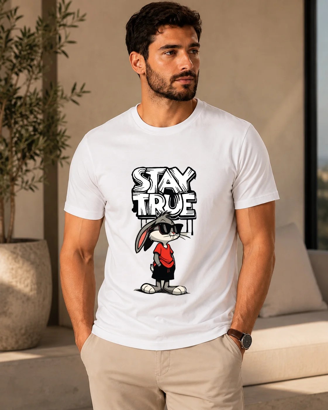تيشيرت Regular Fit قطن 100% بطبعة Stay True كرتونية أمامية ستايل ستريت وير بإطلالة جريئة ومرحة