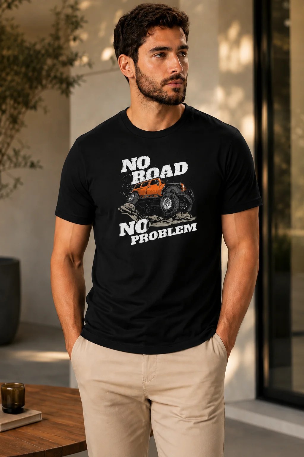 تيشيرت Regular Fit قطن 100% بطبعة No Road No Problem أمامية ستايل مغامرات بإطلالة جريئة وعصرية