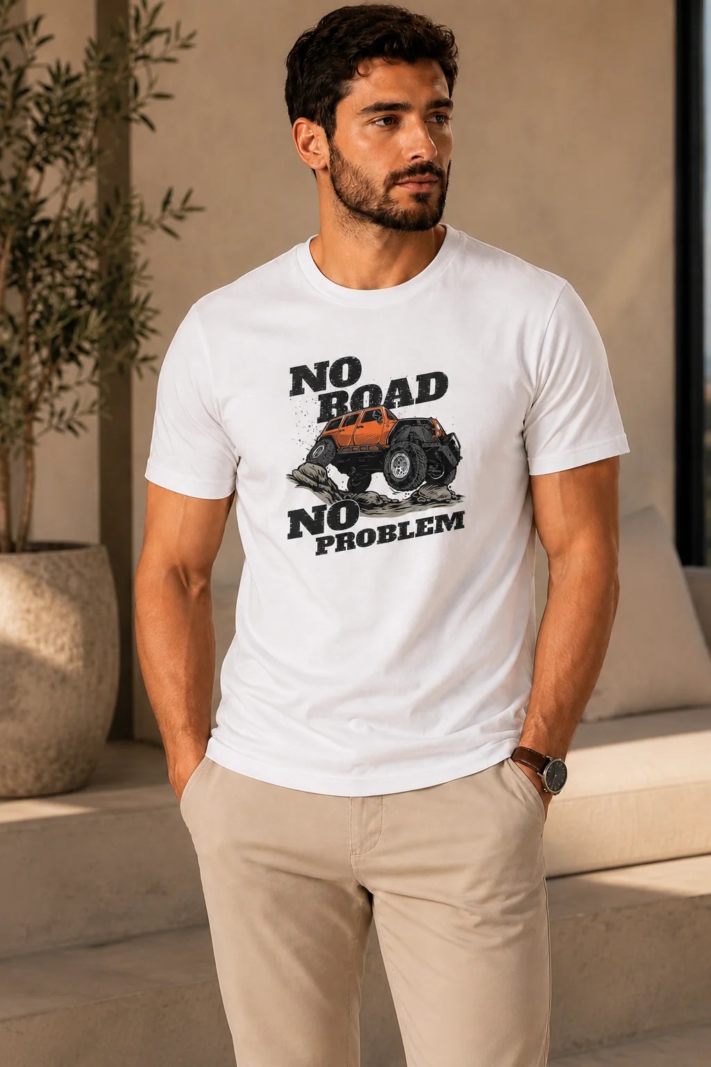 تيشيرت Regular Fit قطن 100% بطبعة No Road No Problem أمامية ستايل مغامرات بإطلالة جريئة وعصرية