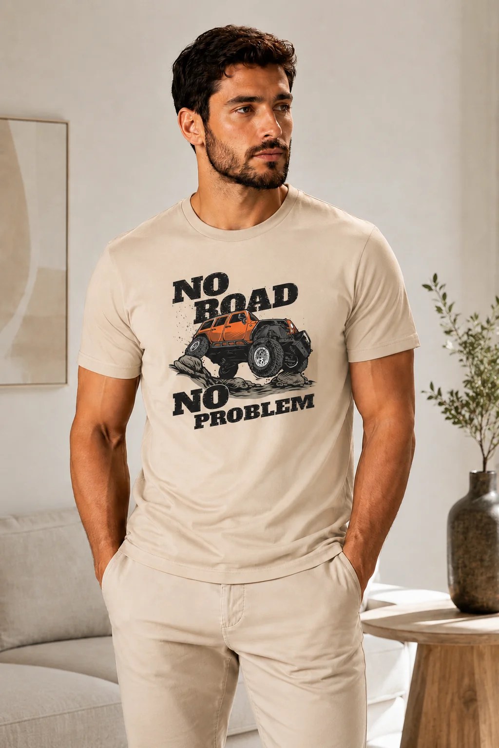 تيشيرت Regular Fit قطن 100% بطبعة No Road No Problem أمامية ستايل مغامرات بإطلالة جريئة وعصرية