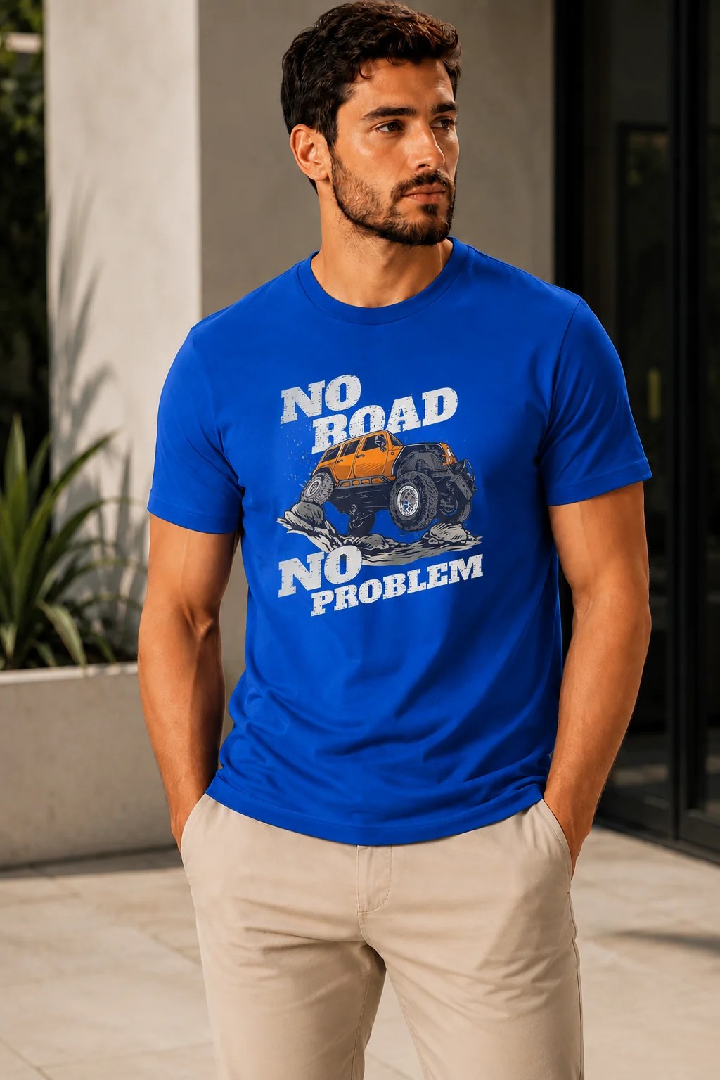 تيشيرت Regular Fit قطن 100% بطبعة No Road No Problem أمامية ستايل مغامرات بإطلالة جريئة وعصرية