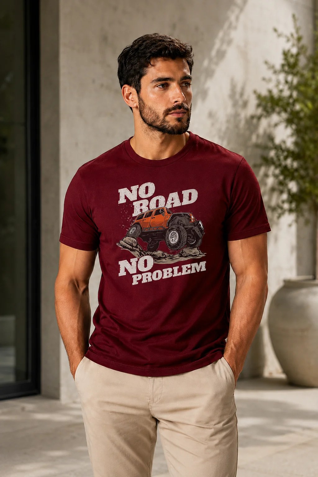تيشيرت Regular Fit قطن 100% بطبعة No Road No Problem أمامية ستايل مغامرات بإطلالة جريئة وعصرية