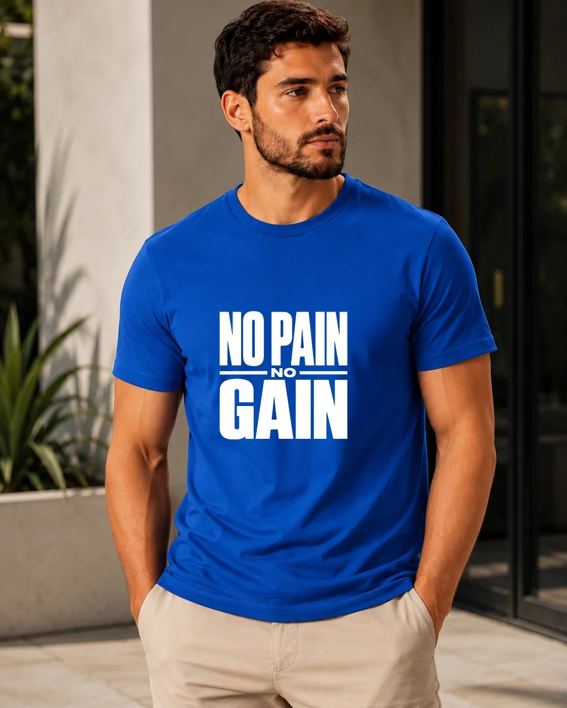 تيشيرت Regular Fit قطن 100% بطبعة No Pain No Gain أمامية ستايل تحفيزي بإطلالة رياضية وعصرية