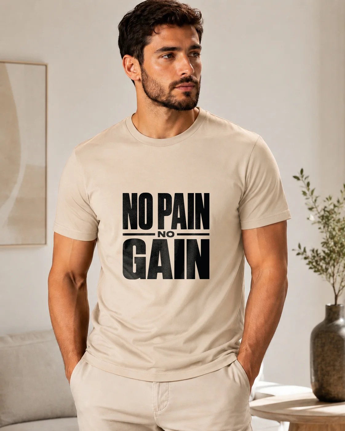 تيشيرت Regular Fit قطن 100% بطبعة No Pain No Gain أمامية ستايل تحفيزي بإطلالة رياضية وعصرية