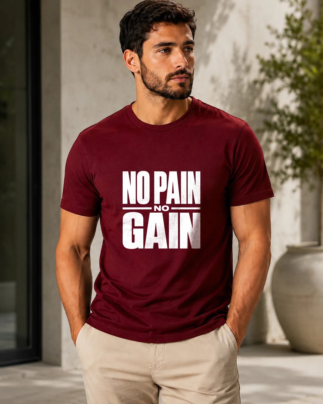 تيشيرت Regular Fit قطن 100% بطبعة No Pain No Gain أمامية ستايل تحفيزي بإطلالة رياضية وعصرية