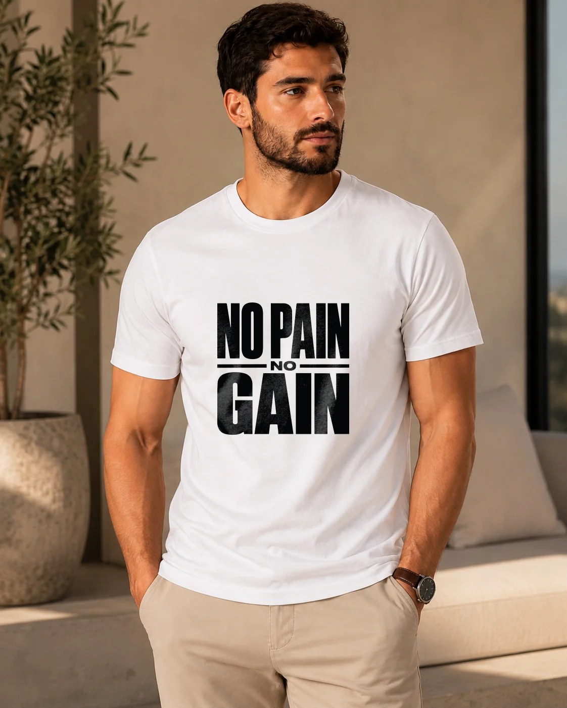 تيشيرت Regular Fit قطن 100% بطبعة No Pain No Gain أمامية ستايل تحفيزي بإطلالة رياضية وعصرية
