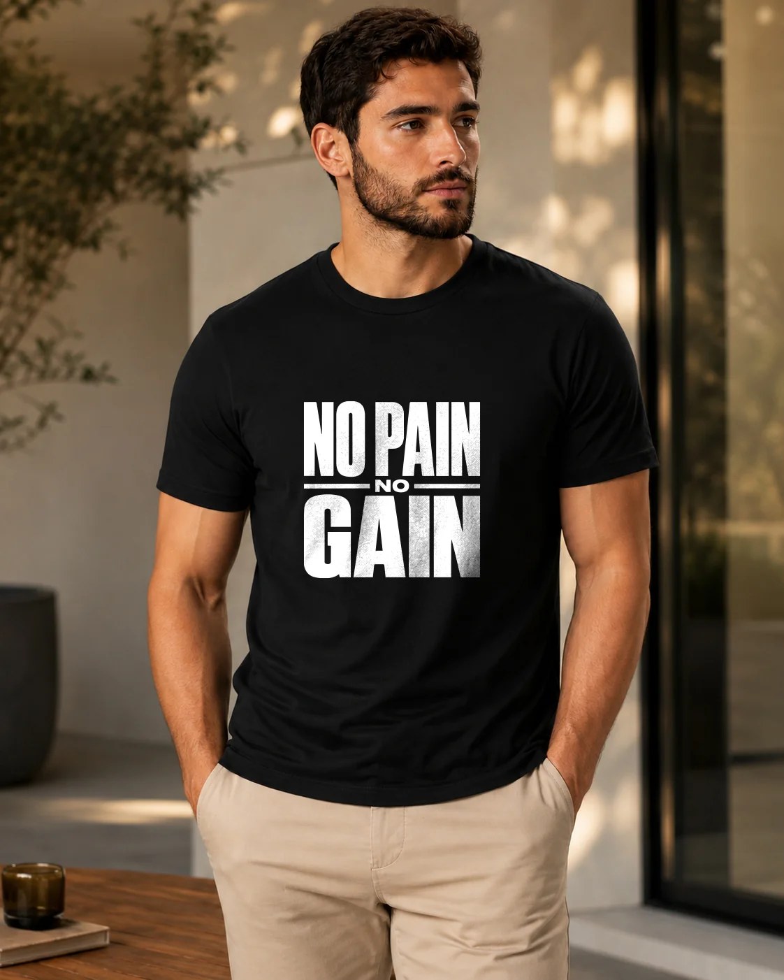 تيشيرت Regular Fit قطن 100% بطبعة No Pain No Gain أمامية ستايل تحفيزي بإطلالة رياضية وعصرية