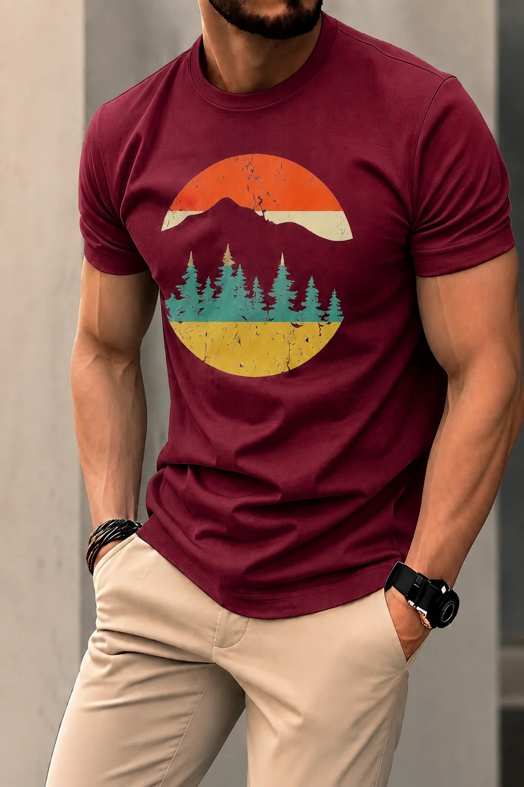 تيشيرت Regular Fit قطن 100% بطبعة  Mountain Sunset أمامية ستايل ريترو بإطلالة كاجوال مستوحاة من الطبيعة