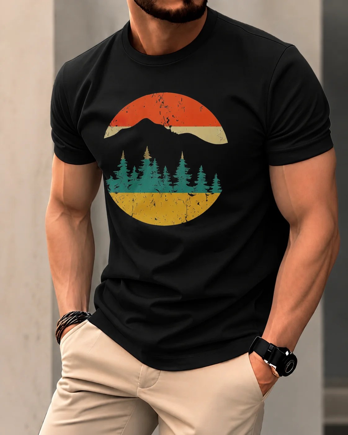 تيشيرت Regular Fit قطن 100% بطبعة  Mountain Sunset أمامية ستايل ريترو بإطلالة كاجوال مستوحاة من الطبيعة