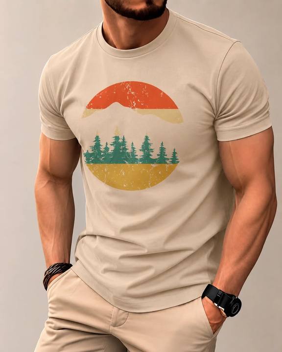 ILEERA® Premium Cotton Regular Fit Mountain Sunset T-Shirt
