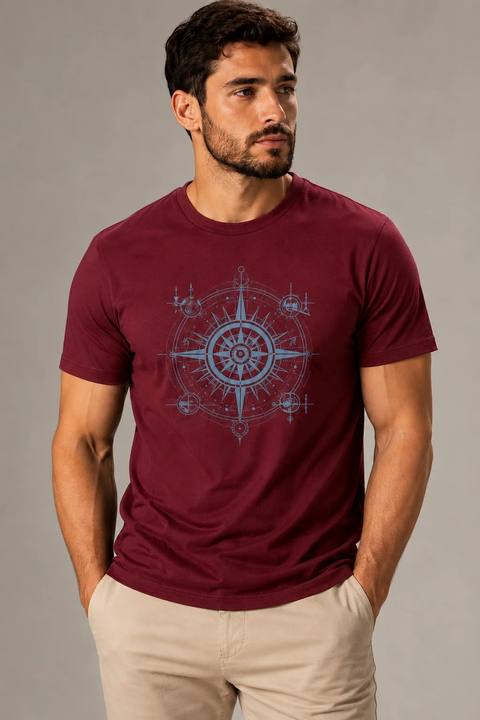 ILEERA® Premium Cotton Regular Fit Compass Front Print T-Shirt