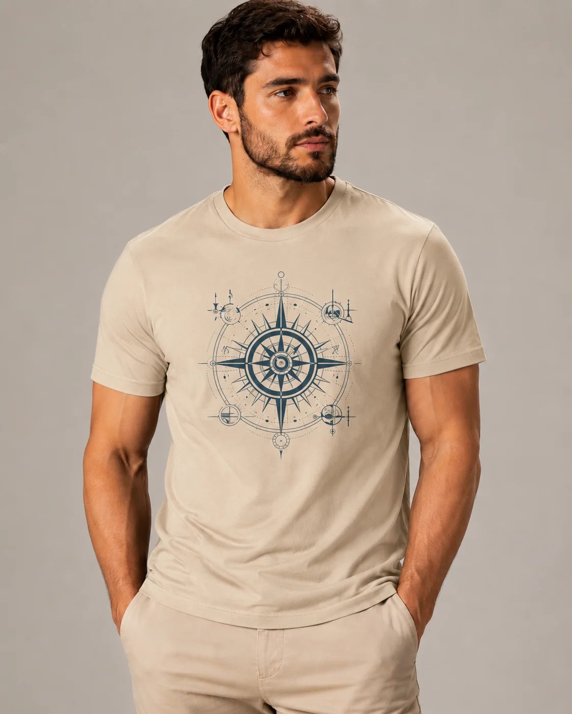 ILEERA® Premium Cotton Regular Fit Compass Front Print T-Shirt