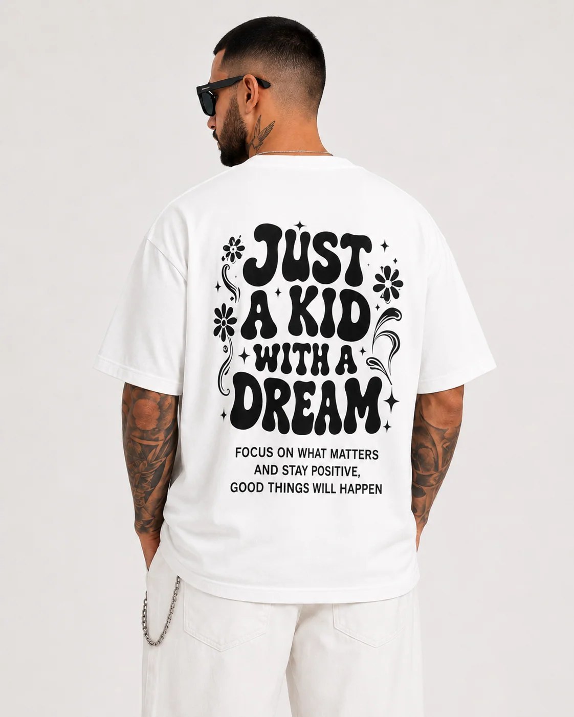ILEERA® Premium Cotton Oversized Just A Kid With A Dream Back Print T-Shirt