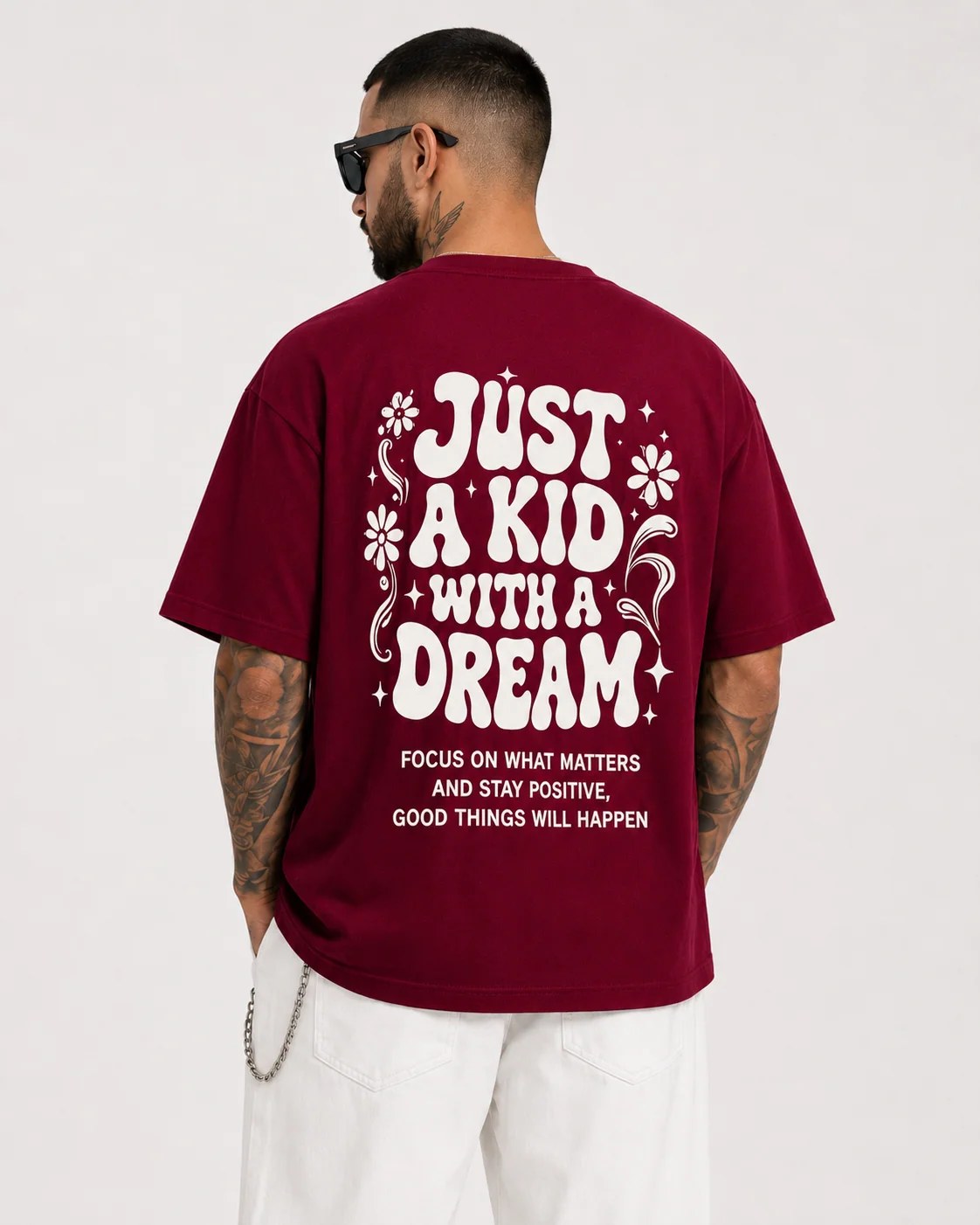 ILEERA® Premium Cotton Oversized Just A Kid With A Dream Back Print T-Shirt