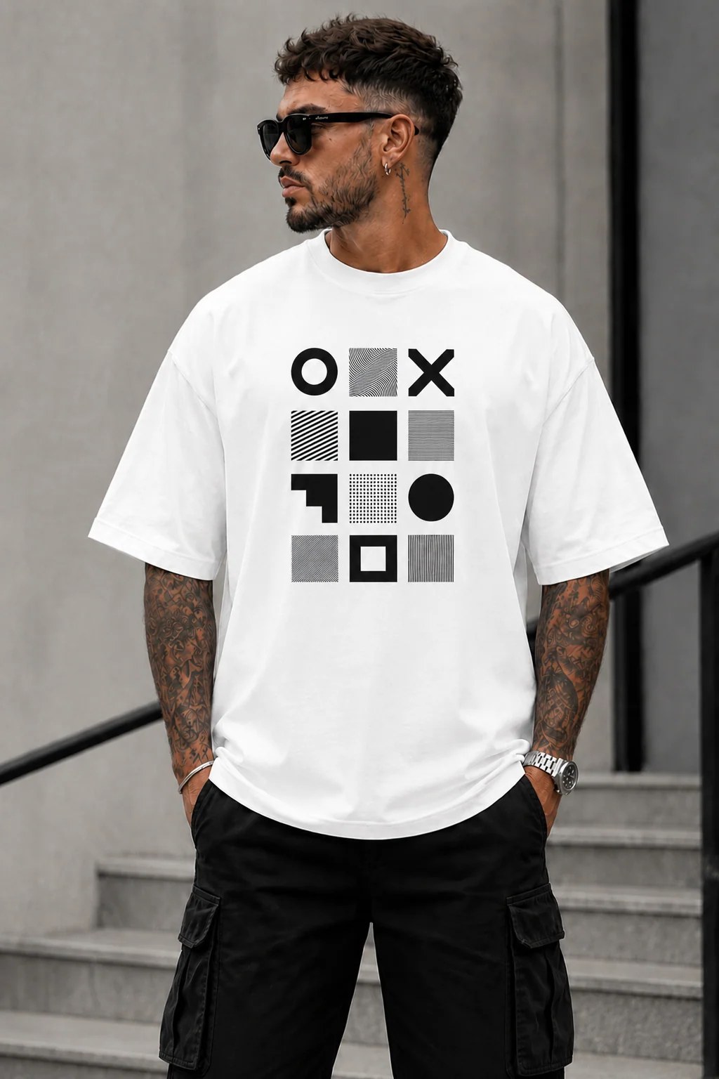 ILEERA® Premium Cotton Oversized Geometric Grid Front Print T-Shirt