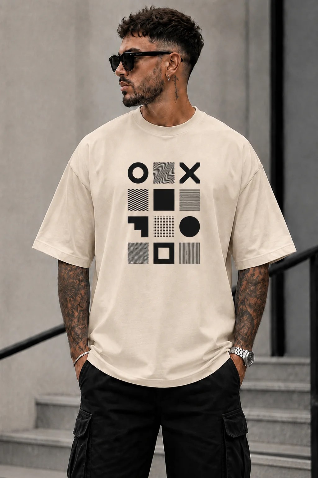 تيشيرت أوفر سايز قطن 100% بطبعة Geometric Grid أمامية ستايل هندسي بإطلالة عصرية ومميزة