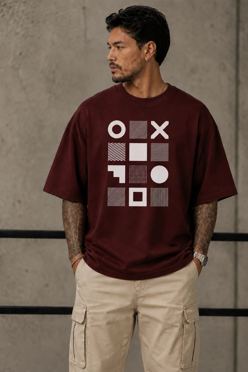 ILEERA® Premium Cotton Oversized Geometric Grid Front Print T-Shirt