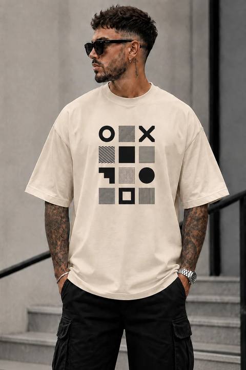 ILEERA® Premium Cotton Oversized Geometric Grid Front Print T-Shirt