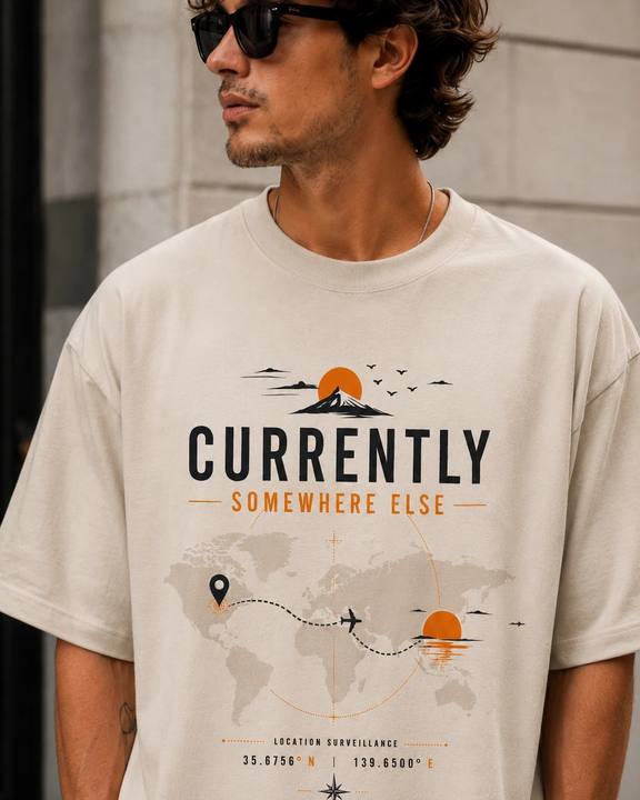 ILEERA® Premium Cotton Oversized Currently Somewhere Else Front Print T-Shirt