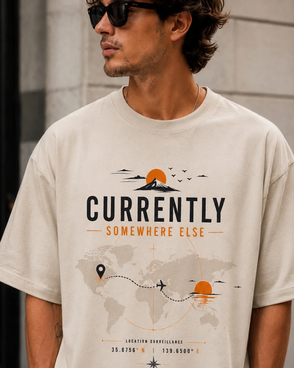تيشيرت أوفر سايز قطن 100% بطبعة Currently Somewhere Else أمامية ستايل سفر بإطلالة عصرية ومميزة
