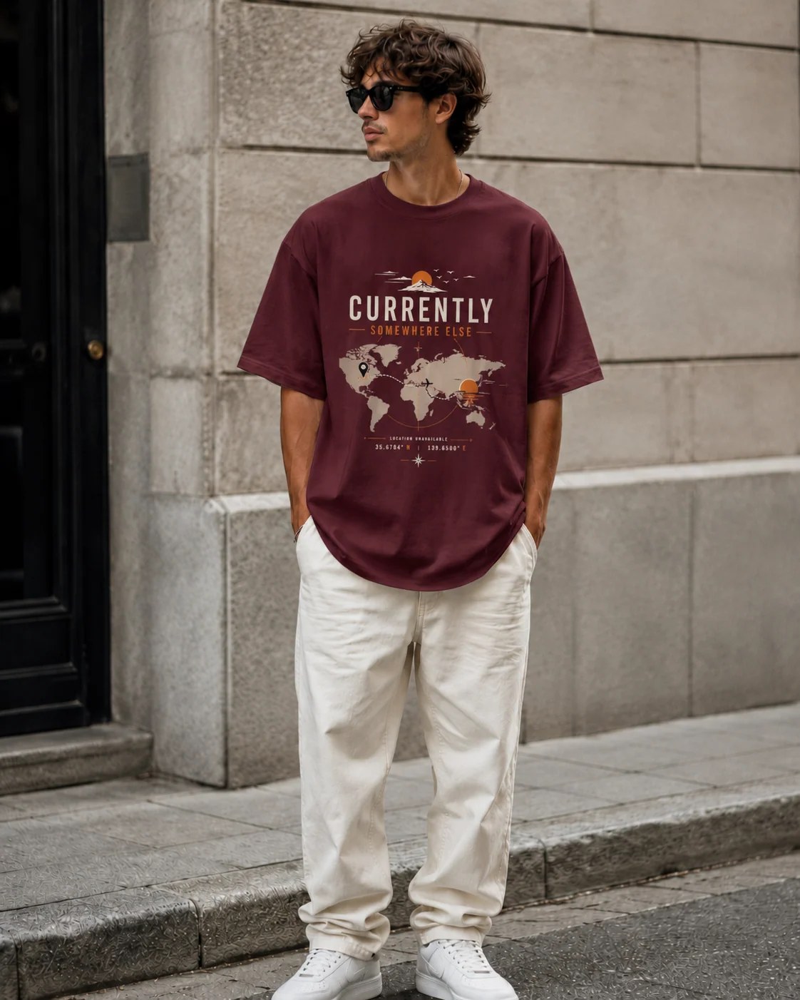 ILEERA® Premium Cotton Oversized Currently Somewhere Else Front Print T-Shirt