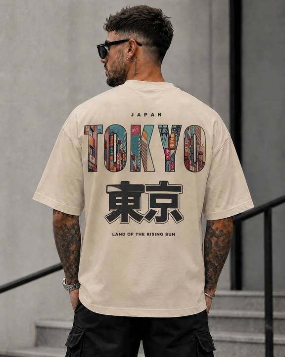 ILEERA® Premium Cotton Oversized Tokyo Urban Back Print T-Shirt