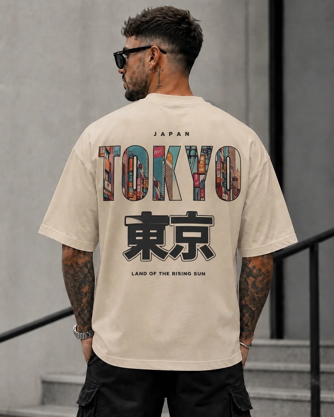 ILEERA® Premium Cotton Oversized Tokyo Urban Back Print T-Shirt
