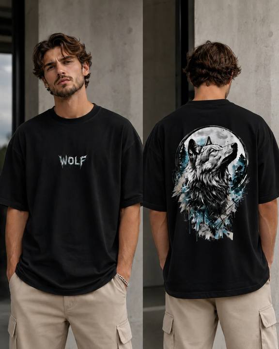 ILEERA® Premium Cotton Oversized Wolf Moon Back Print T-Shirt