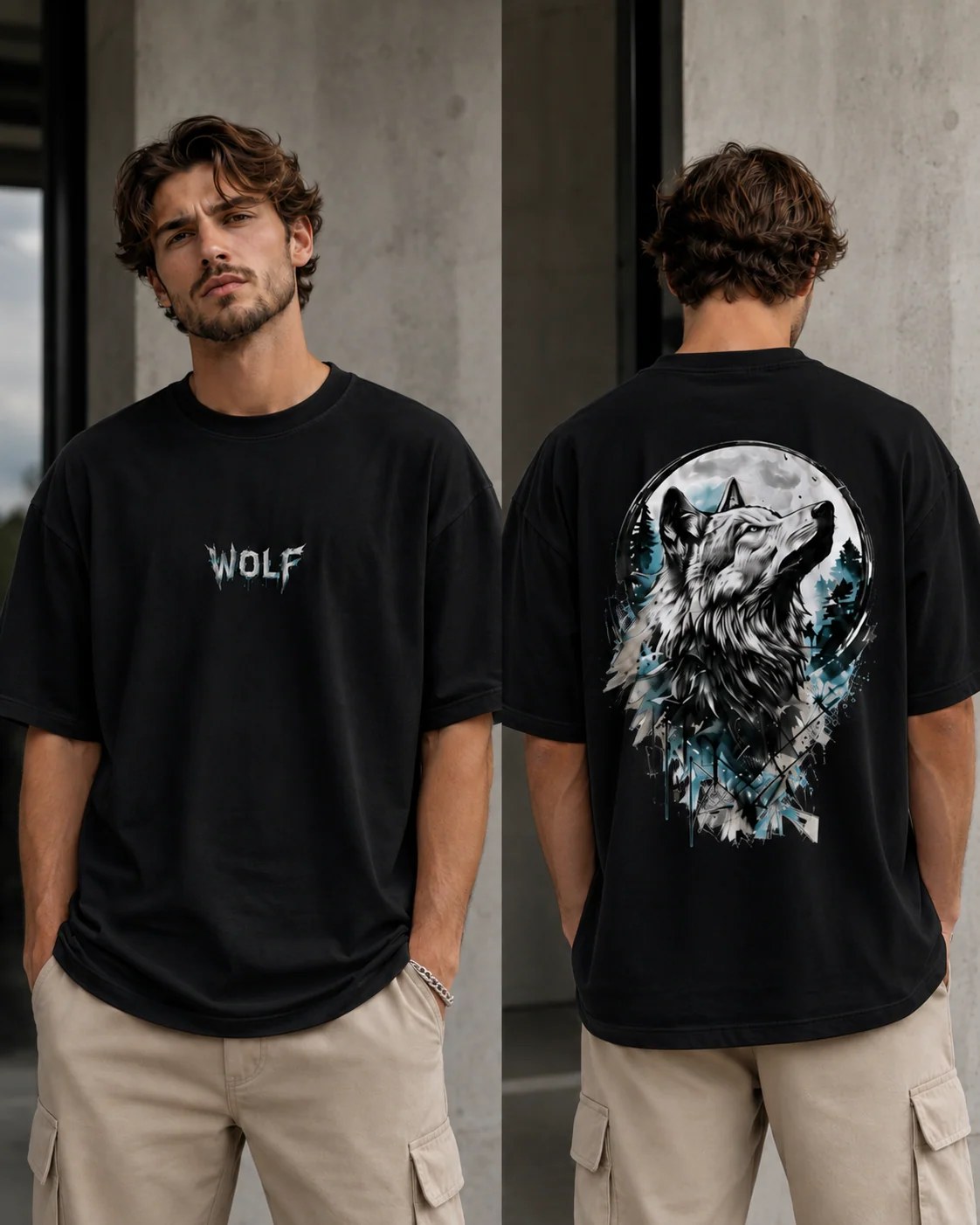 ILEERA® Premium Cotton Oversized Wolf Moon Back Print T-Shirt