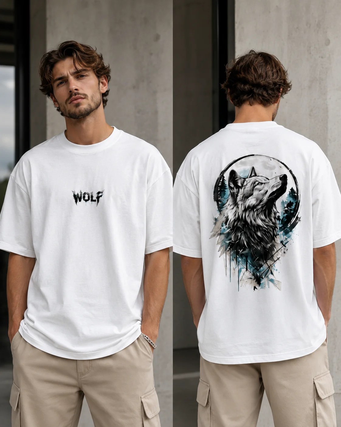 تيشيرت أوفر سايز قطن 100% بطبعة Wolf Moon خلفية ستايل جريء بإطلالة قوية وعصرية