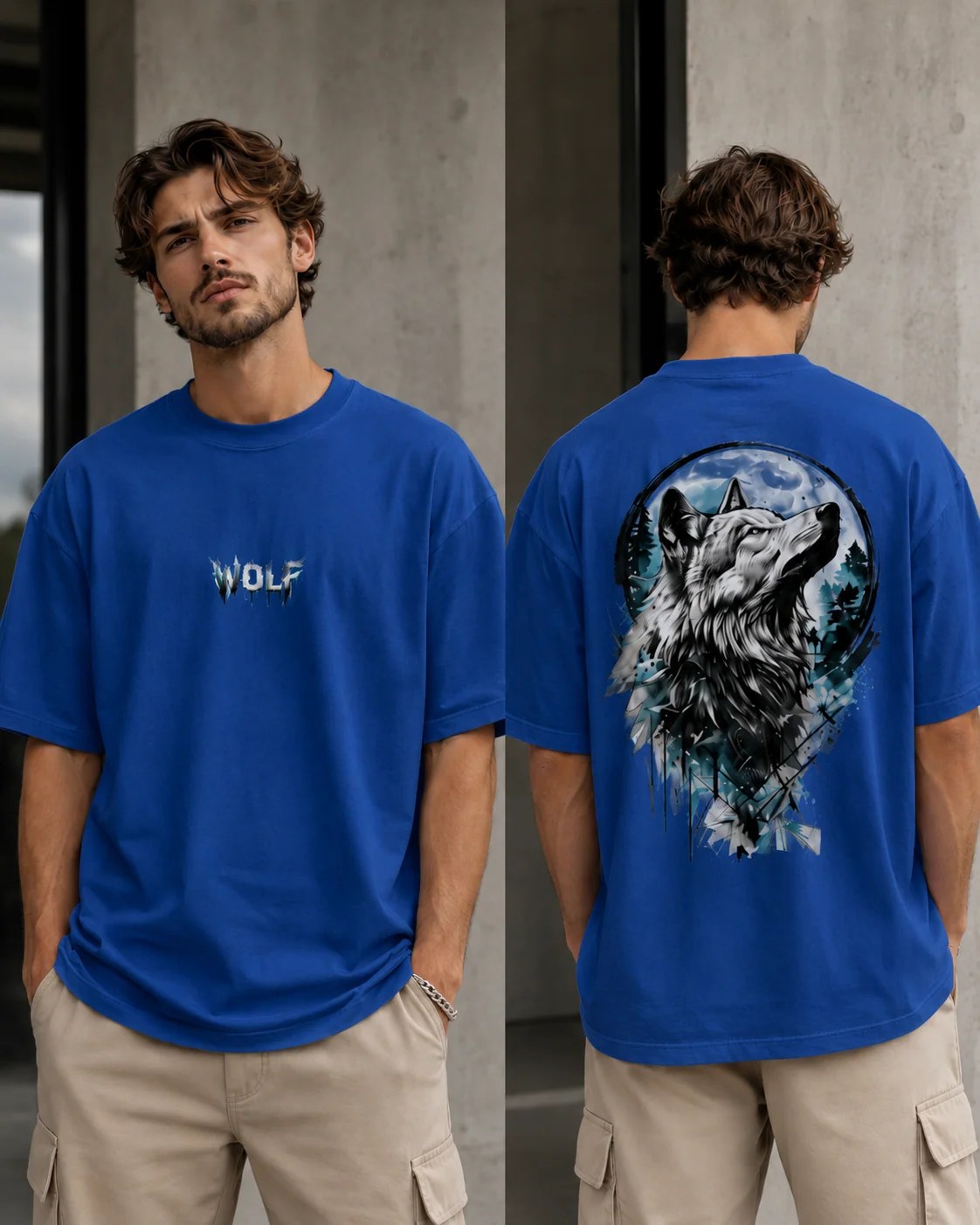 ILEERA® Premium Cotton Oversized Wolf Moon Back Print T-Shirt