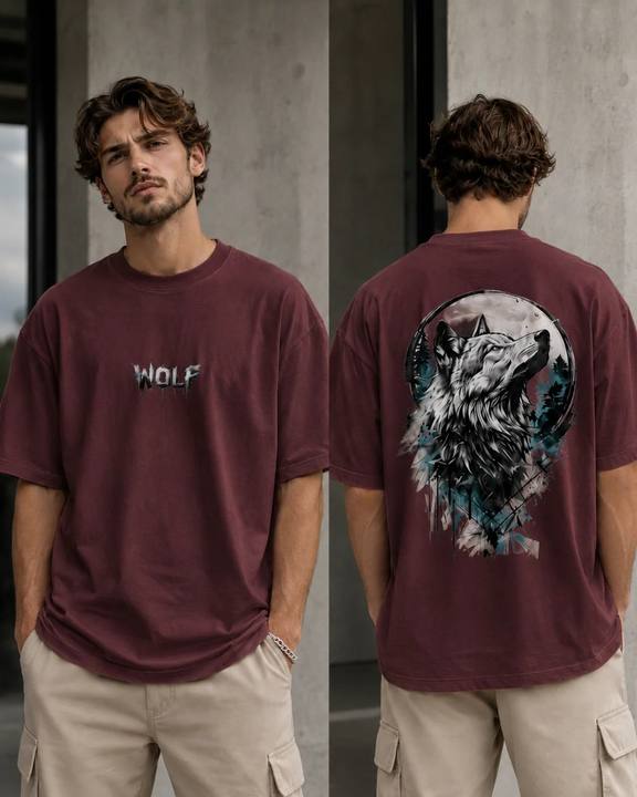 ILEERA® Premium Cotton Oversized Wolf Moon Back Print T-Shirt