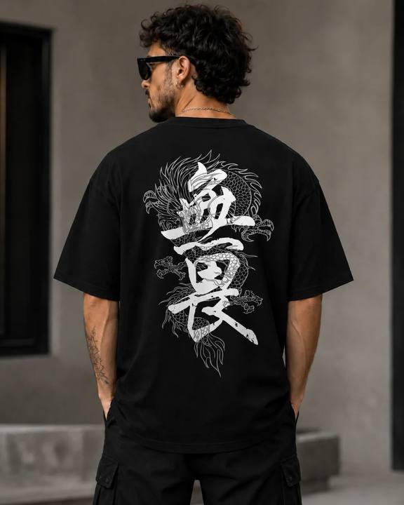 ILEERA® Premium Cotton Oversized Dragon Kanji Back Print T-Shirt