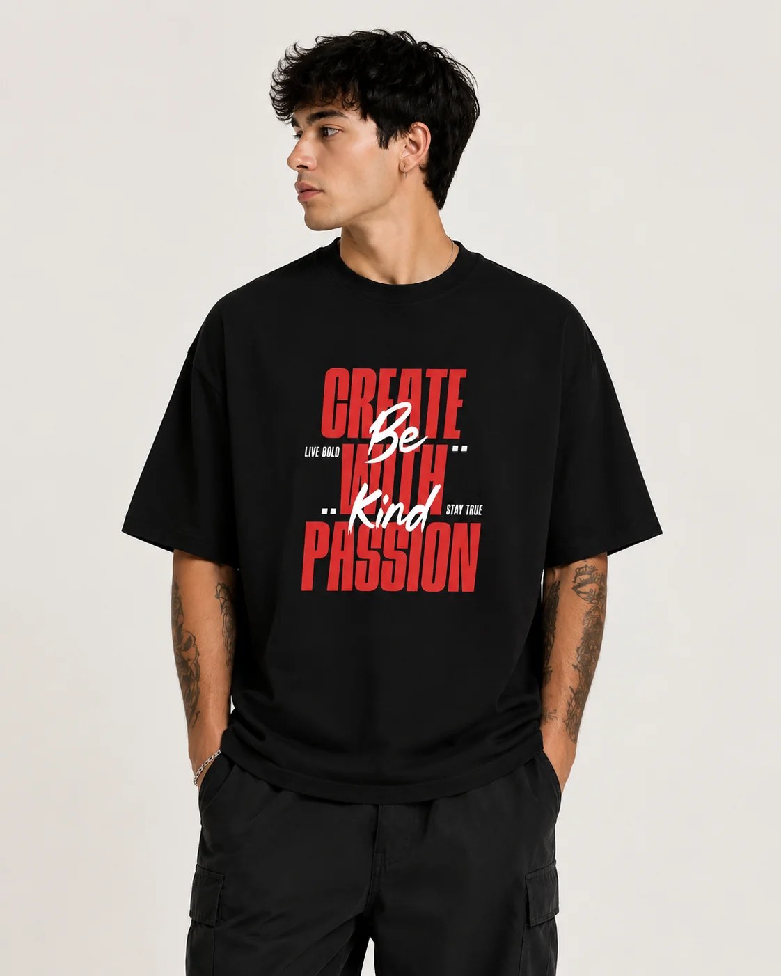 تيشيرت أوفر سايز قطن 100% بطبعة Create With Passion أمامية ستايل تحفيزي بإطلالة عصرية وملفتة