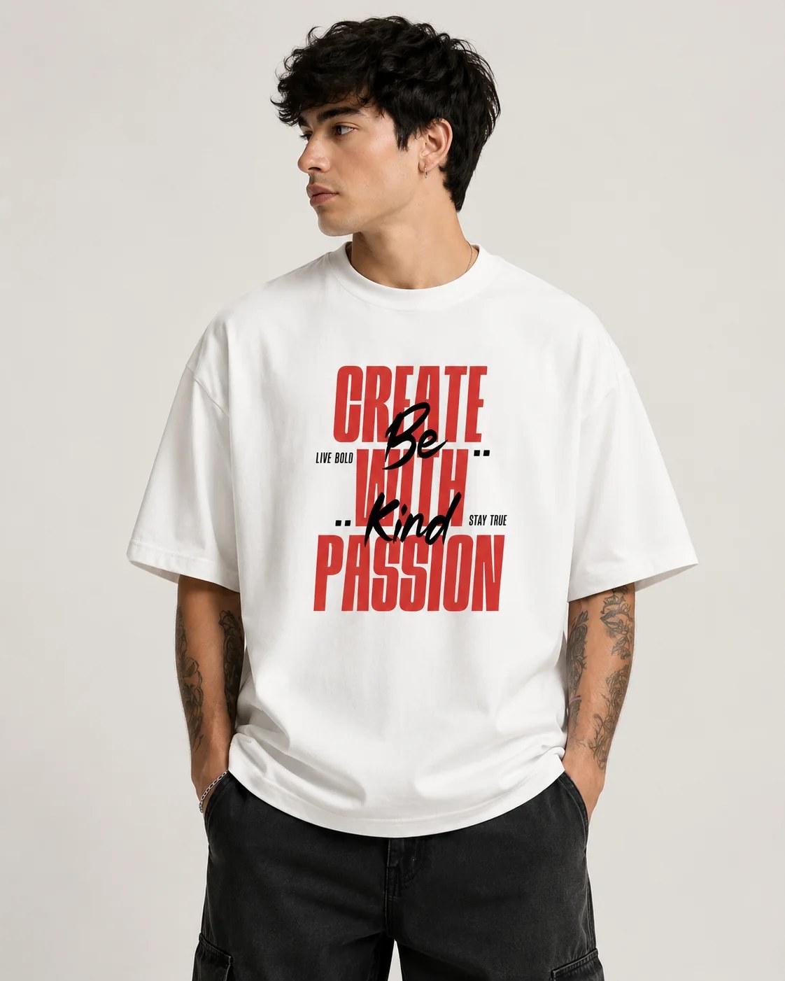 تيشيرت أوفر سايز قطن 100% بطبعة Create With Passion أمامية ستايل تحفيزي بإطلالة عصرية وملفتة
