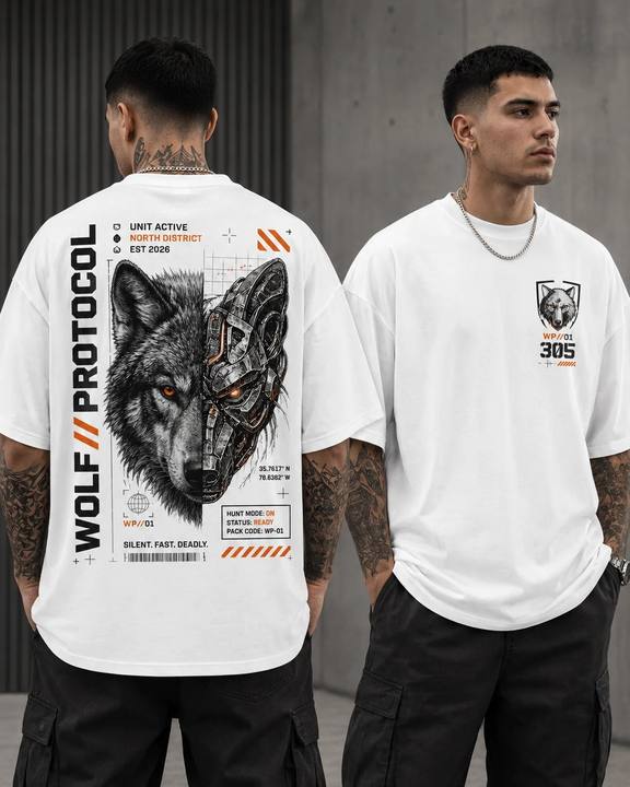 ILEERA® Premium Cotton Oversized Wolf Protocol T-Shirt